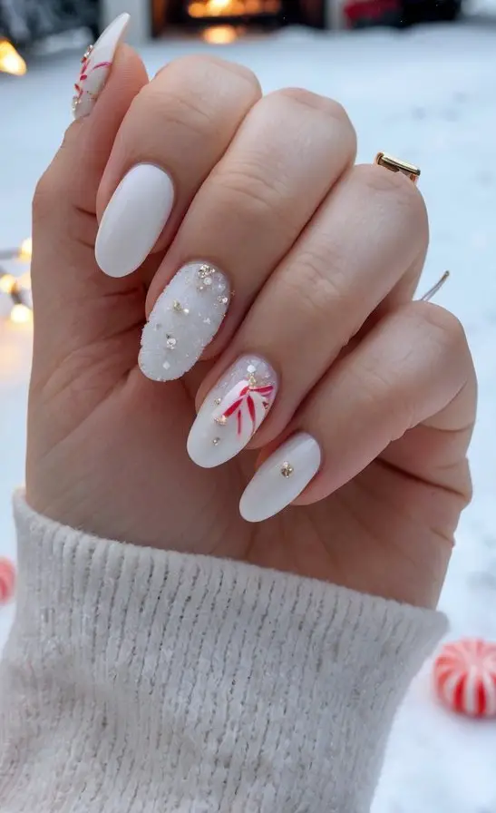 3D Leaf Matte Shimmer Oval Nails — Winter Wedding Nails