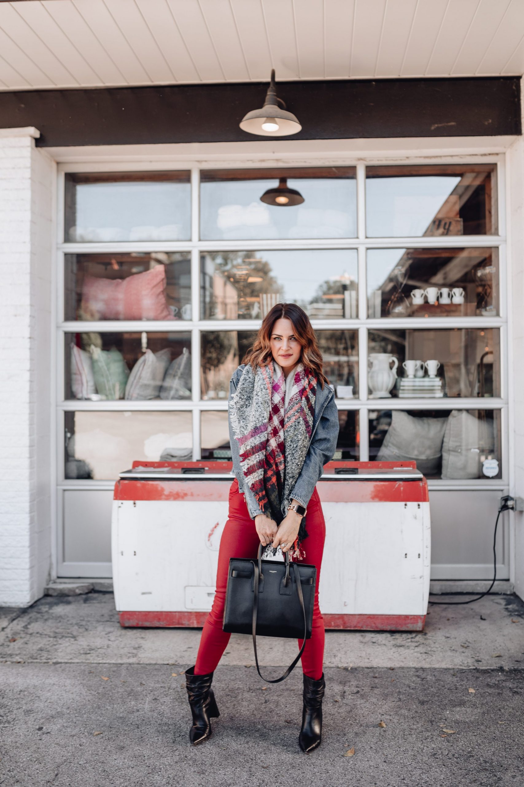 Grey Sweater and Denim Jacket with Red Jeans and Plaid Scarf Grey Sweater and Denim Jacket with Red Jeans and Plaid Scarf — Nashville Winter Outfits