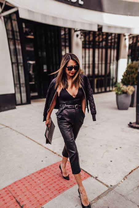 Edgy Night Out Cropped Leather Pants with Bomber Jacket — Leather Pants Outfits