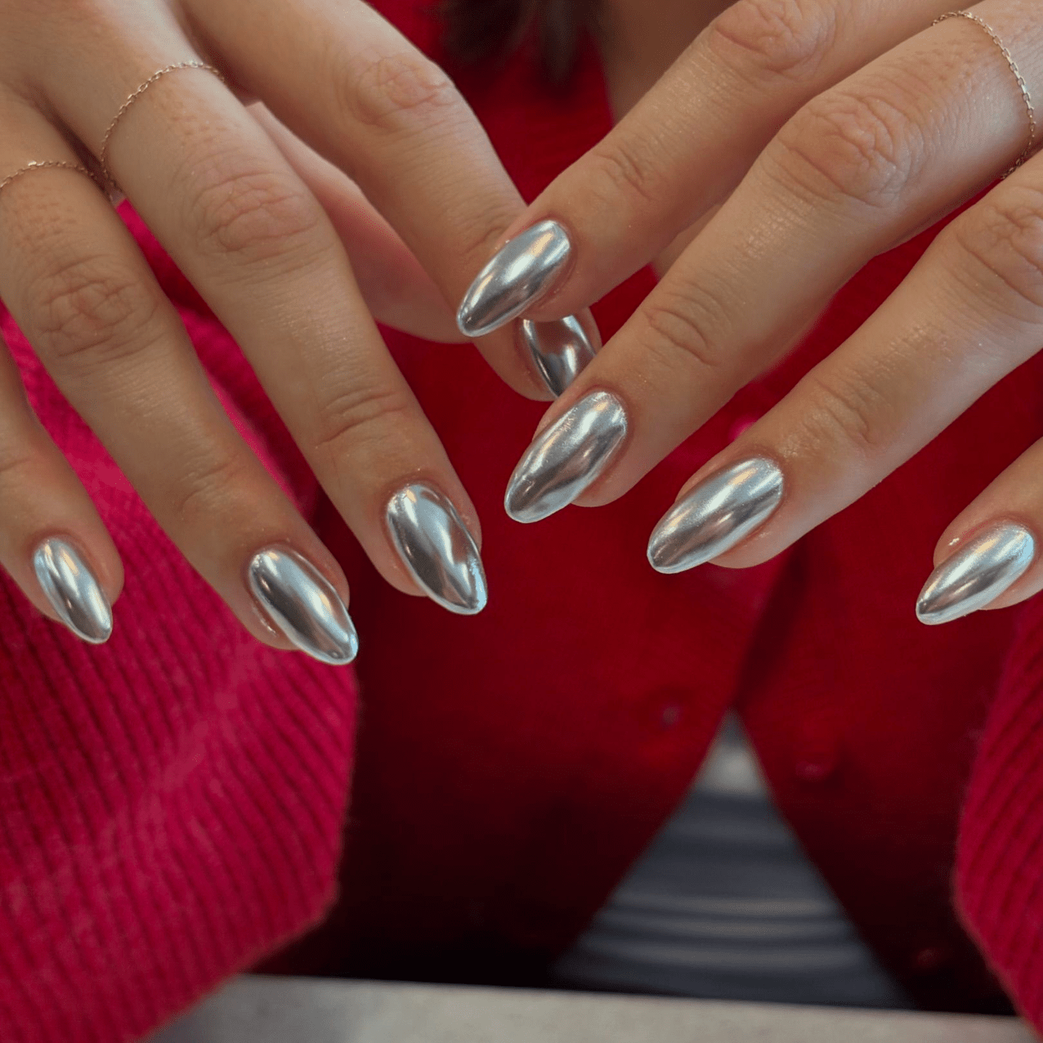 Solid Color Flawless Medium Almond Silver Chrome — Silver Chrome Nails