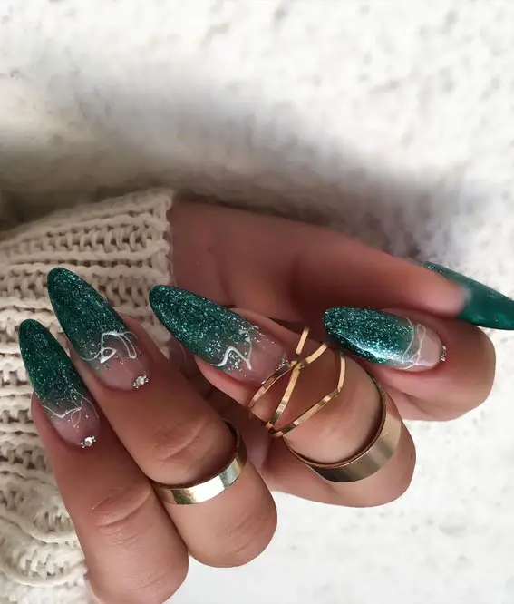 Emerald Glitter French Tip Stiletto Emerald Glitter French Tip Stiletto — Winter Green Nails