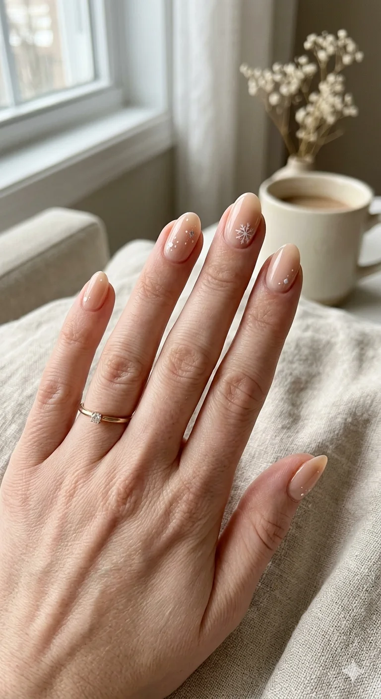 Sheer Nude Snowflake Accent Nails Sheer Nude Snowflake Accent Nails — Simple Winter Nails