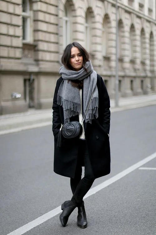 Black Wool Coat with Grey Fringed Scarf — Italy Winter Outfits