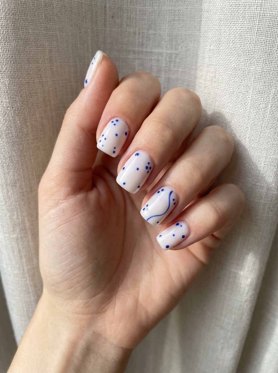 Short Square White Blue Dot Nails — Simple Nail Designs