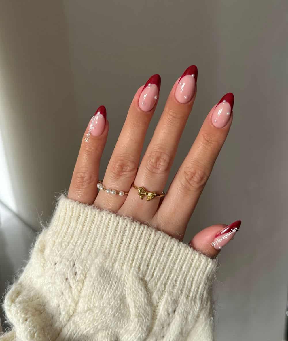 Sheer Pink Base Deep Red Tips Elegant Red French Tips with Pearls Sheer Pink Base Deep Red Tips Elegant Red French Tips with Pearls — Winter Red Nails