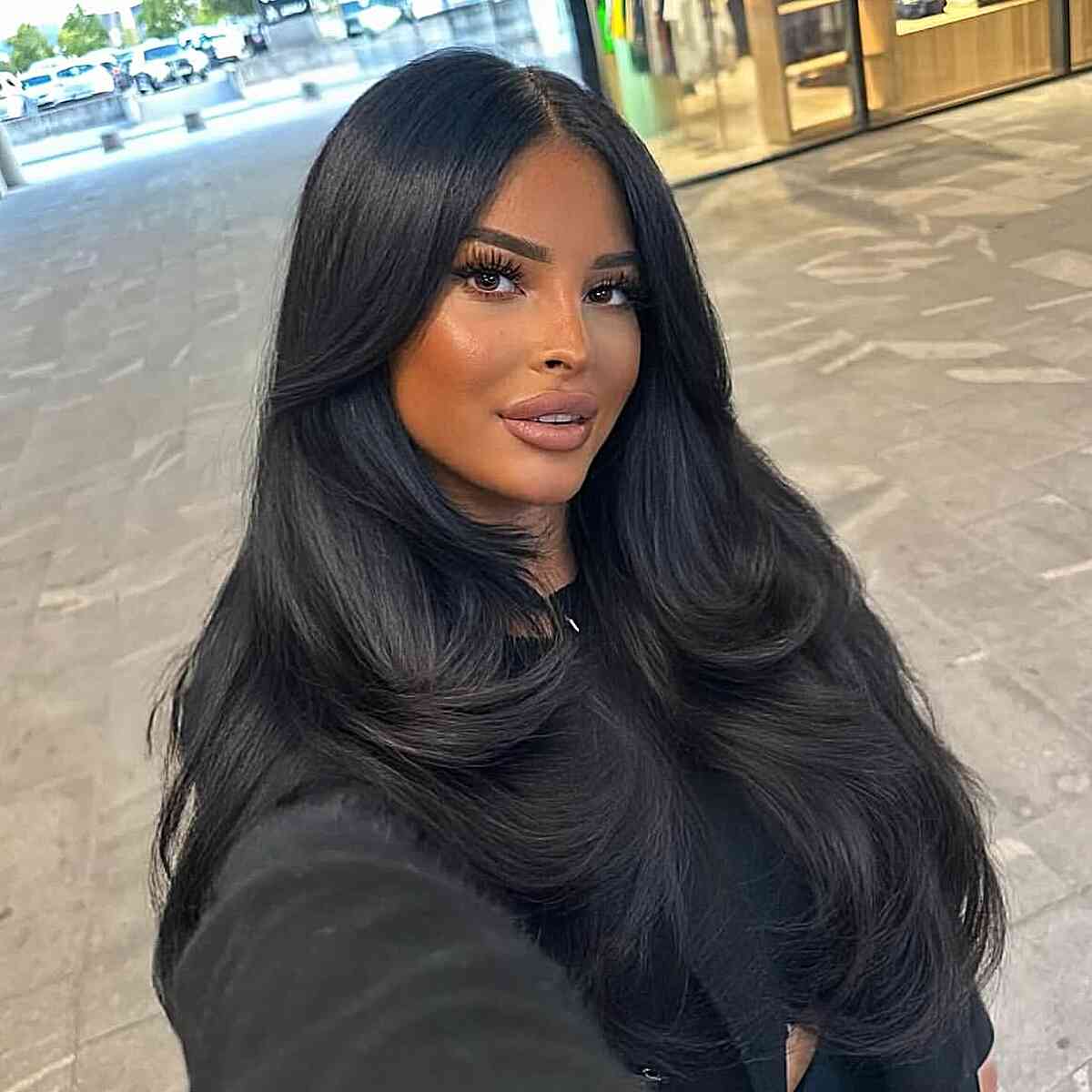 Front View Mid-Back Layered Jet Black Blowout Front View Mid-Back Layered Jet Black Blowout — Jet Black Hair