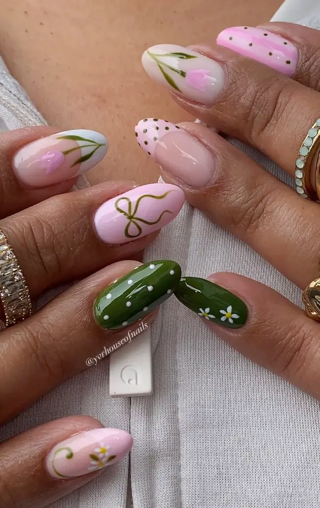 Spring Floral Bow Almonds Spring Floral Bow Almonds — Trendy Almond Nail Designs