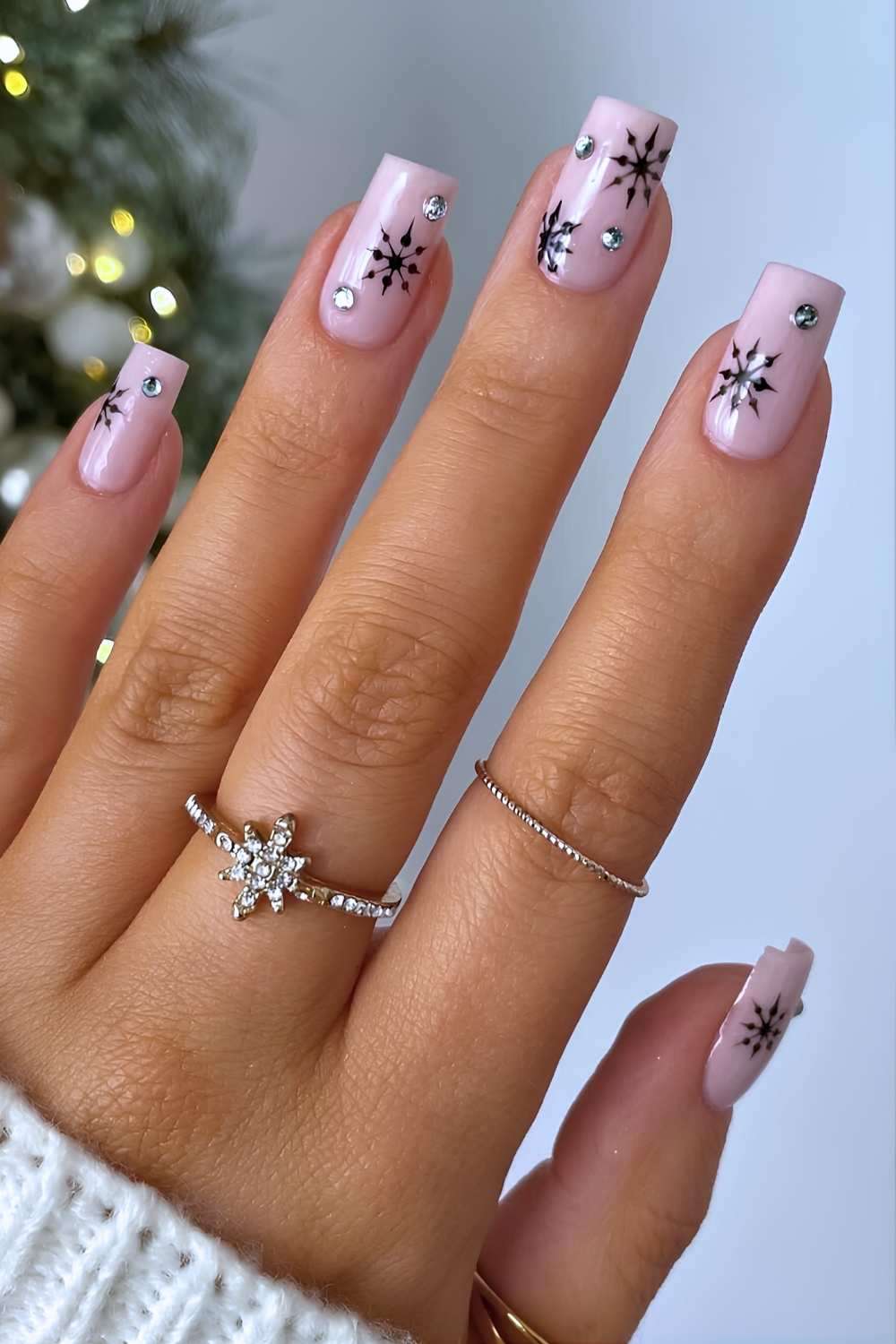 Pale Pink Black Snowflake Rhinestone Nails Pale Pink Black Snowflake Rhinestone Nails — Winter Wonderland Nails