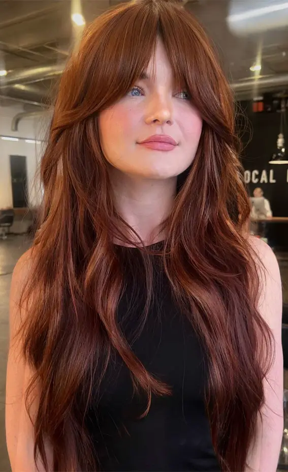 Mid-Back Auburn With Voluminous Bangs Mid-Back Auburn With Voluminous Bangs — Winter Haircuts with Curtain Bangs
