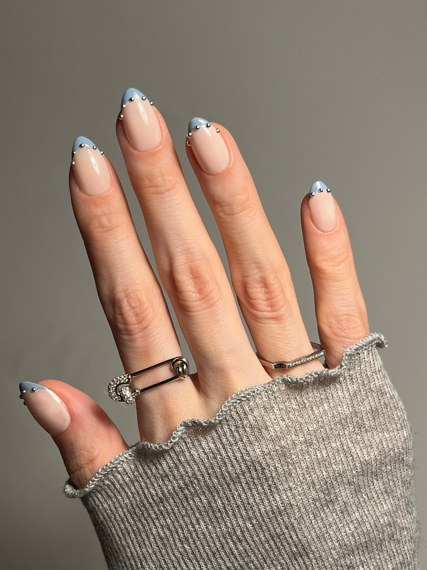 Blue French Studded Almonds Blue French Studded Almonds — Almond Nail Designs