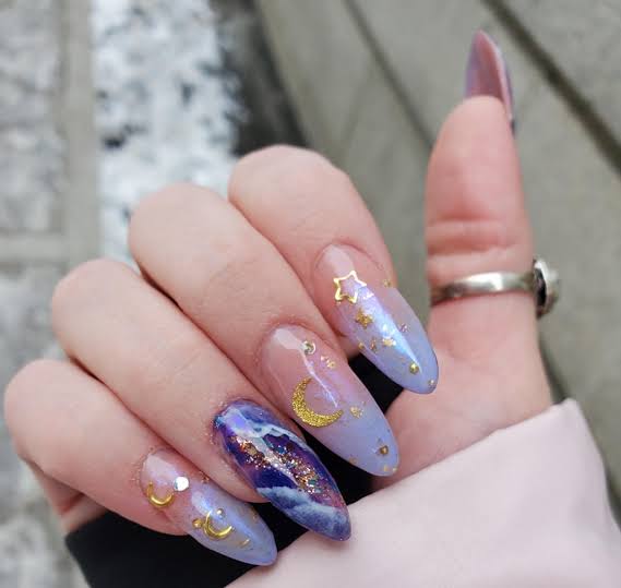 Galaxy Swirls with Celestial Charms Galaxy Swirls with Celestial Charms — Winter Purple Nails