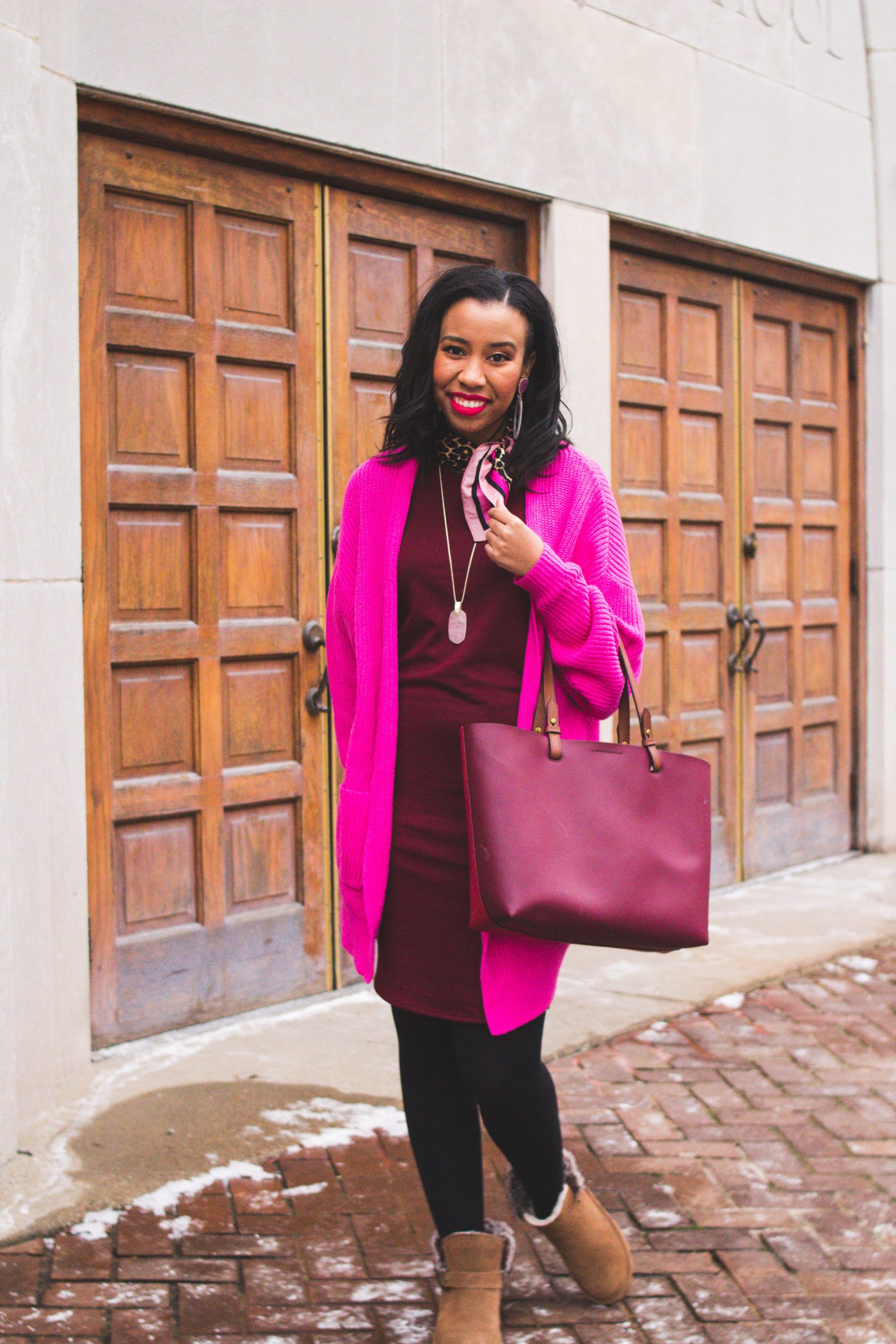Cozy Burgundy Knit Dress with Pink Cardigan and Ugg Boots Cozy Burgundy Knit Dress with Pink Cardigan and Ugg Boots — Burgundy Outfits
