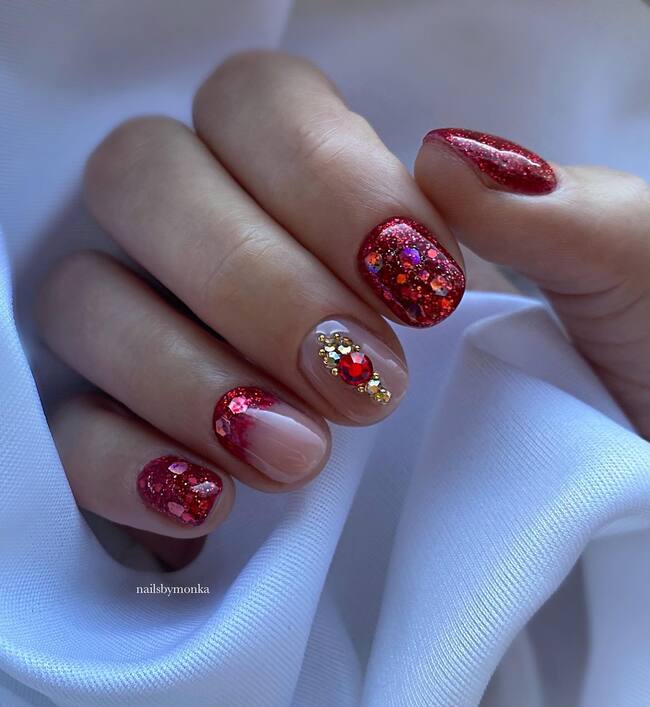Sheer Pink French and Gem Cluster Sheer Pink French and Gem Cluster — Short Winter Gel Nails