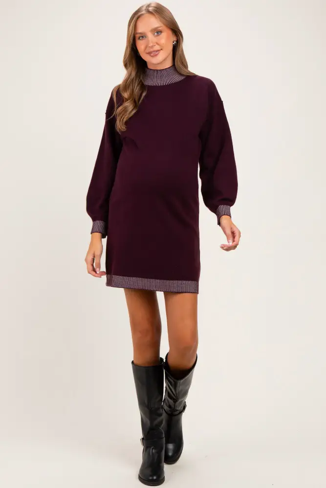 Burgundy Knit Mini Dress with Striped Accents and Knee-High Boots Burgundy Knit Mini Dress with Striped Accents and Knee-High Boots — Winter Maternity Outfits