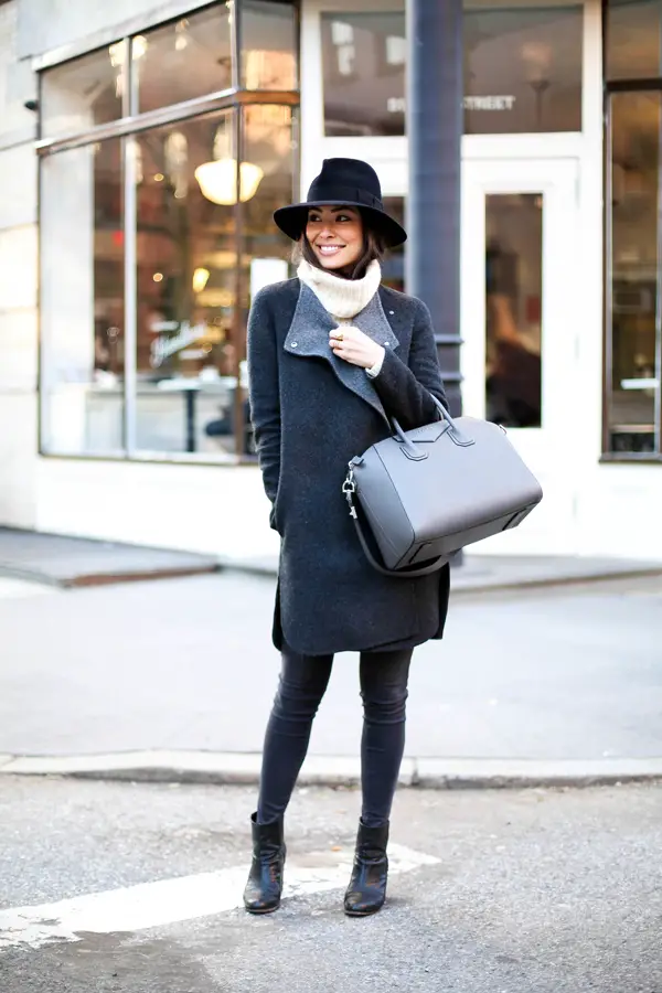 Grey Longline Coat Over Cream Turtleneck and Skinny Jeans Grey Longline Coat Over Cream Turtleneck and Skinny Jeans — Winter Layering Outfits