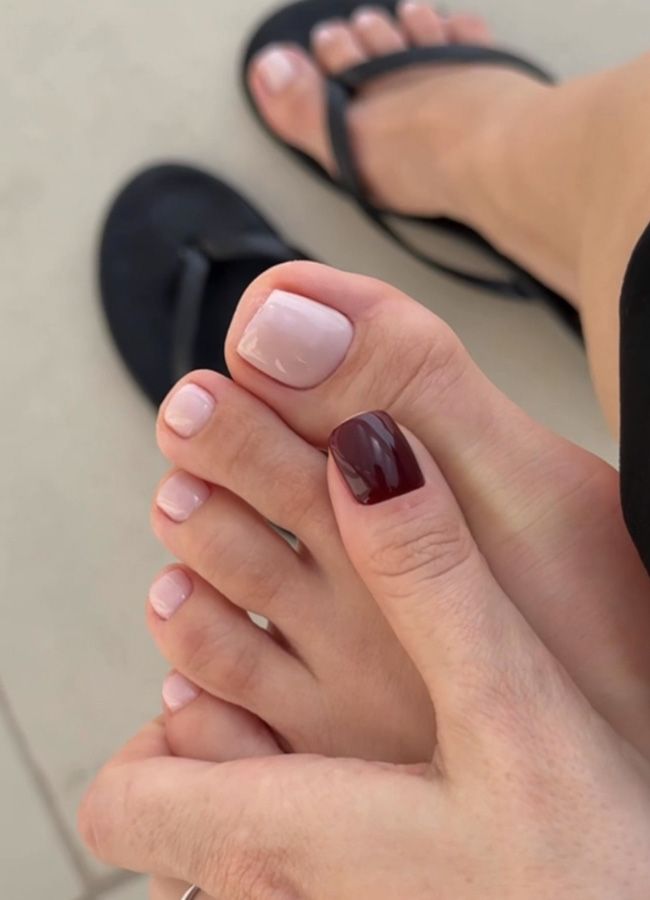 Pale Pink with Deep Red Accent — Winter Pedicure Colors