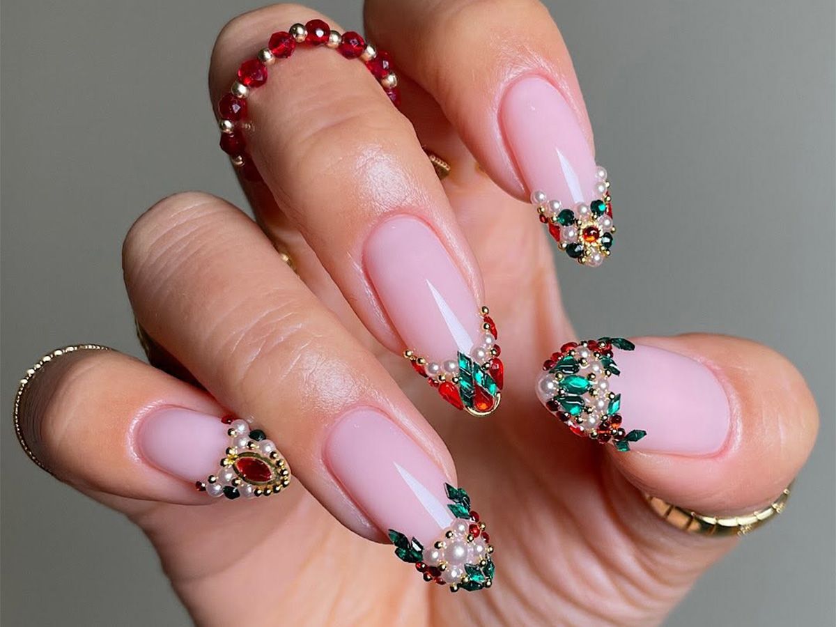 Jeweled French Tip Stiletto Nails Jeweled French Tip Stiletto Nails — Winter Formal Nails