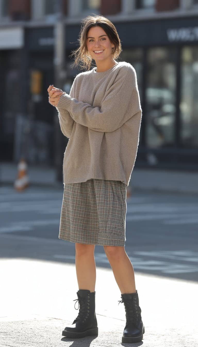 Plaid Mini Dress and Oversized Knit Sweater with Lace-Up Combat Boots Plaid Mini Dress and Oversized Knit Sweater with Lace-Up Combat Boots — Combat Boots Outfits