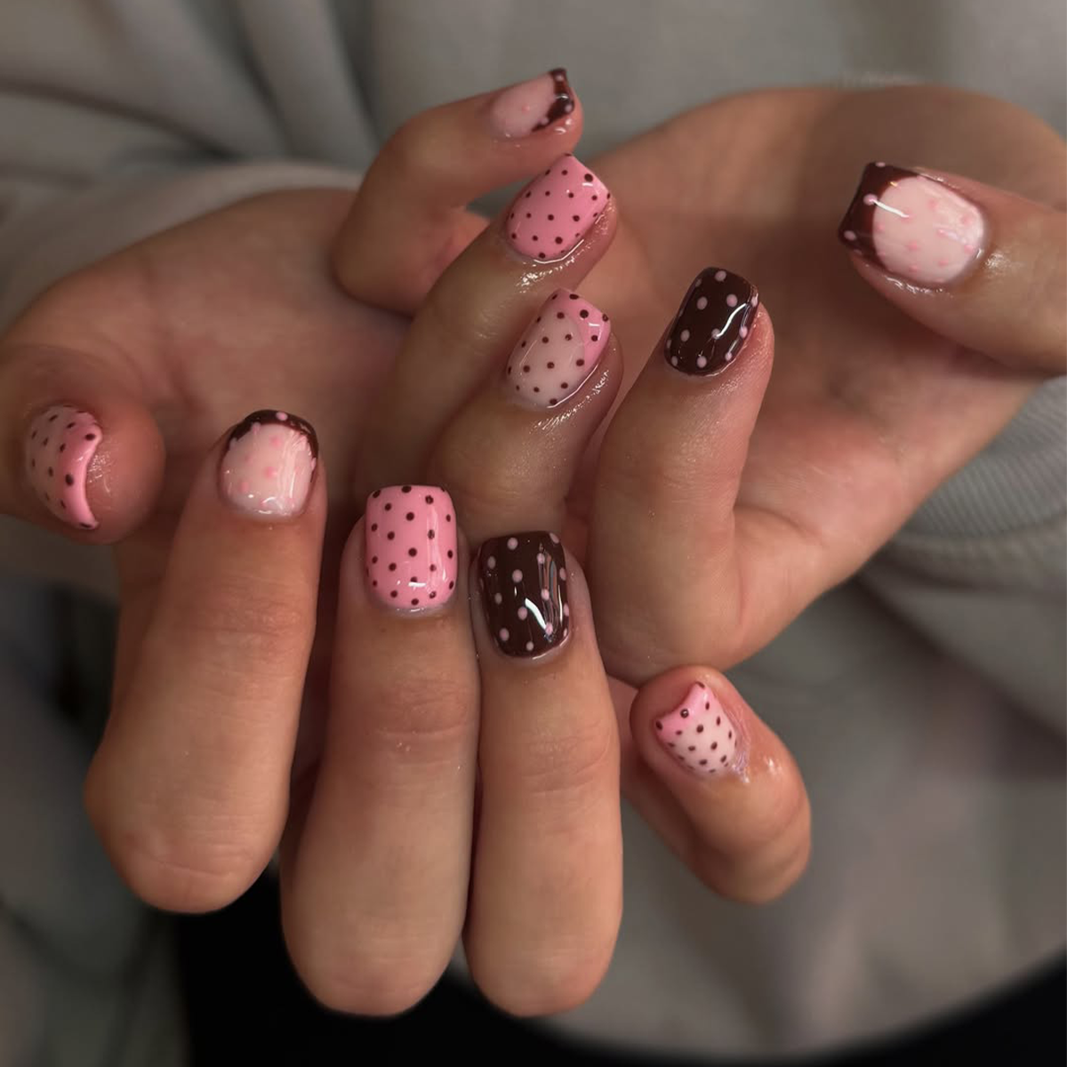 Pink and Brown Polka Dot Nails Pink and Brown Polka Dot Nails — Short Winter Square Nails