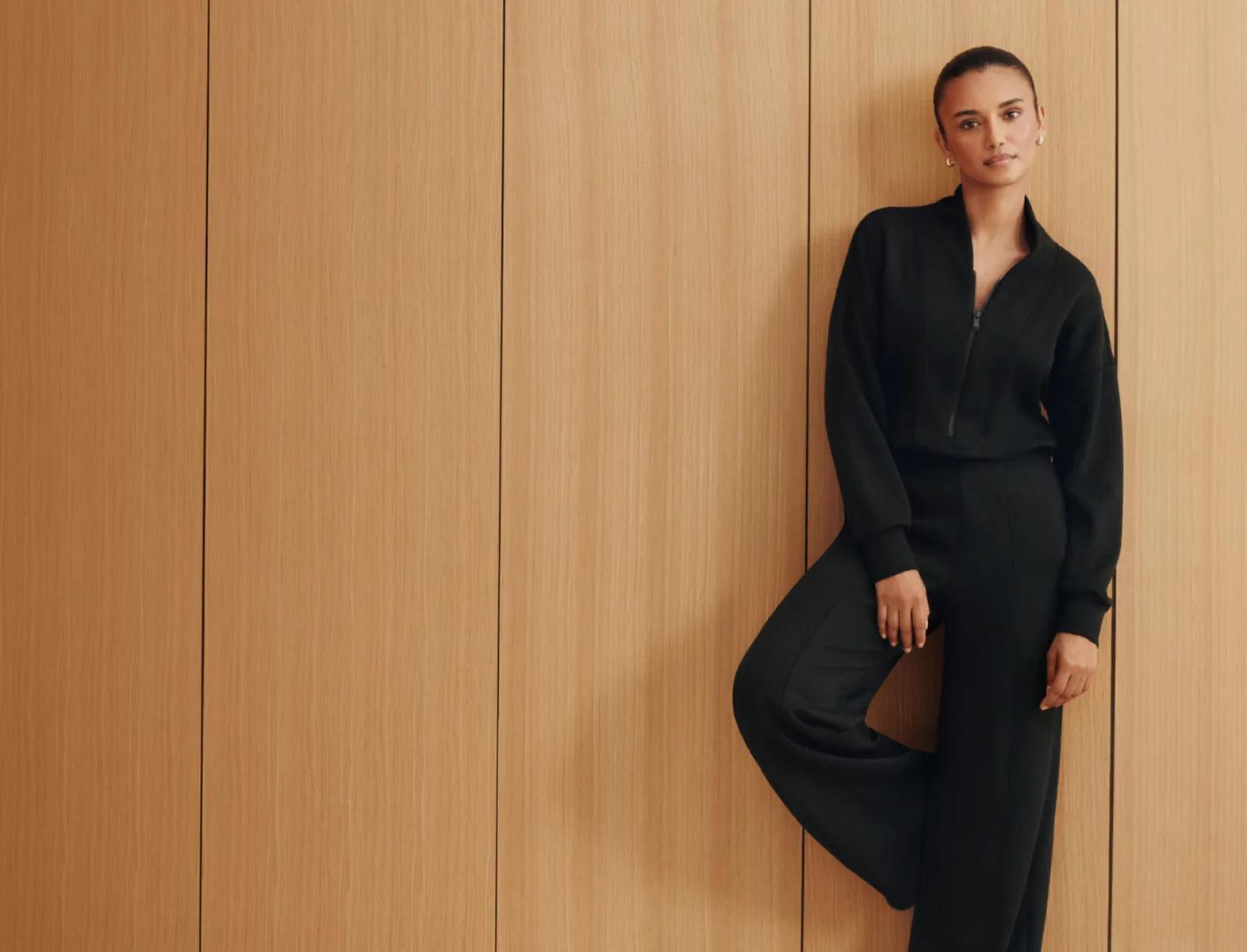 Black Knit Zip-Up Jacket and Wide-Leg Pants Loungewear Set Black Knit Zip-Up Jacket and Wide-Leg Pants Loungewear Set — Loungewear Outfits