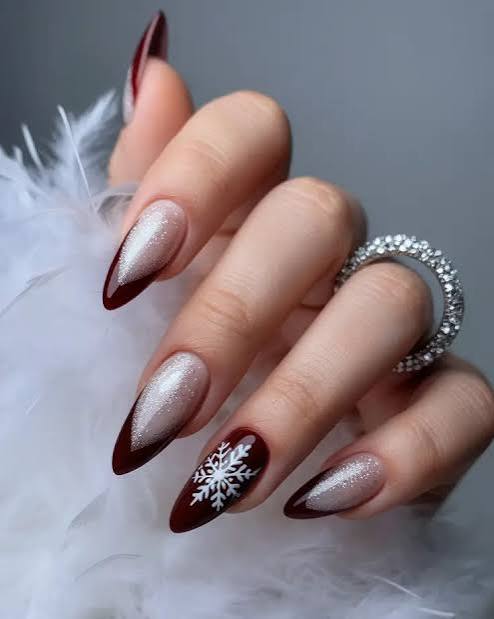 White Snowflake Art On Accent Nail Visual Idea — Winter Gel Nail Colors