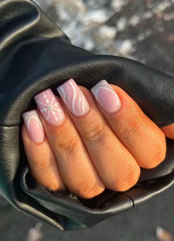 Pale Pink Snowflake Wavy Line Nails Pale Pink Snowflake Wavy Line Nails — Winter Square Nails