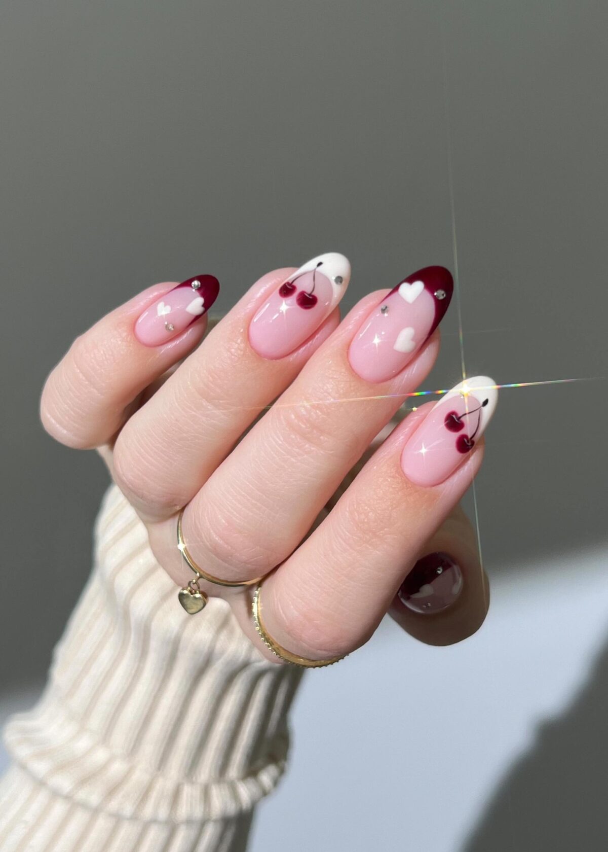 Glossy Burgundy French Tips With Cherry Accents — Burgundy Nails