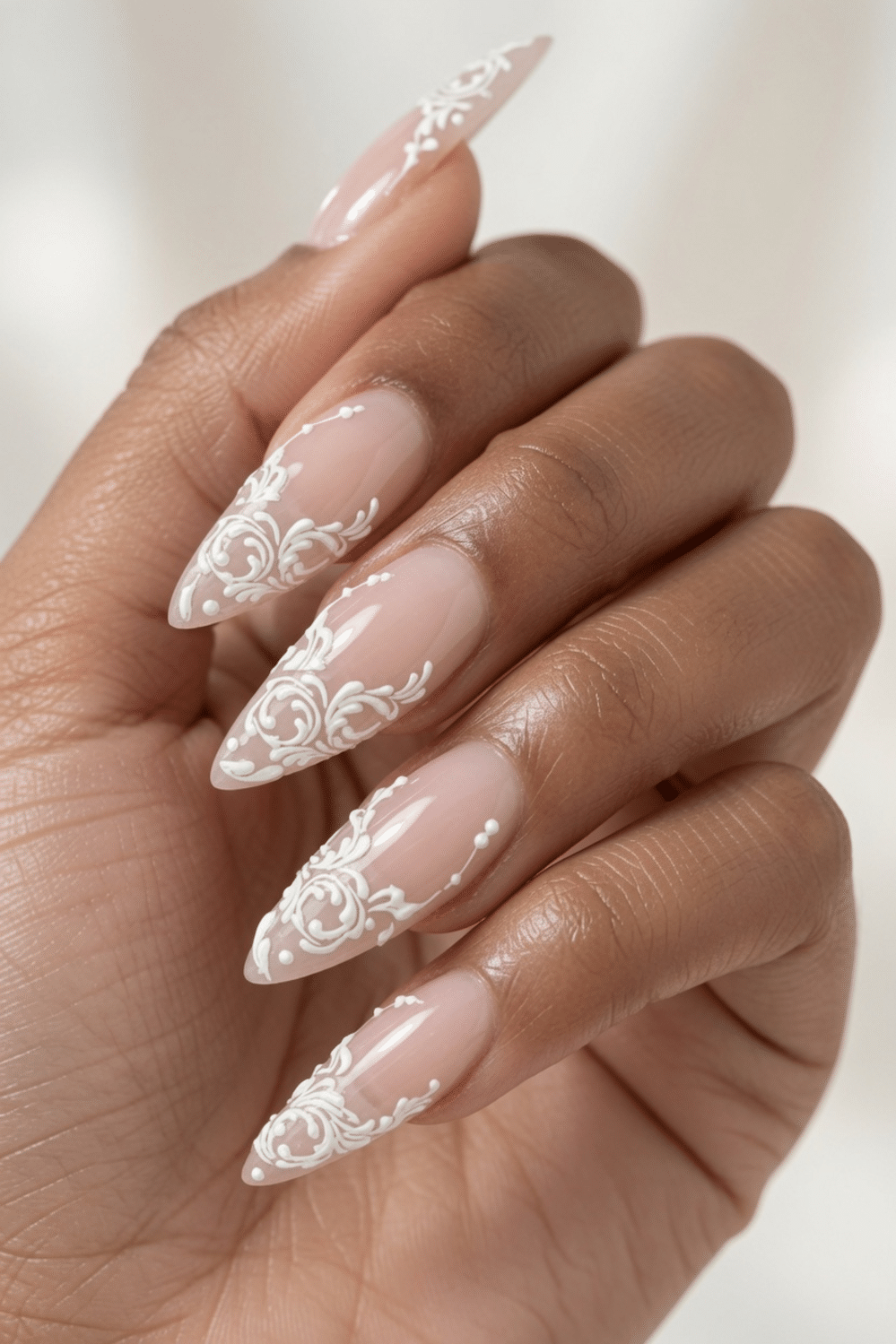Bridal Elegant Elaborate White Lace Almond Nails — Lace Nails