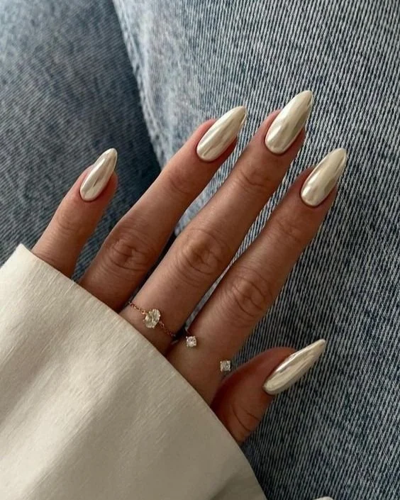 Pearlescent White Chrome Almond Nails Pearlescent White Chrome Almond Nails — Winter Acrylic Nail Colors