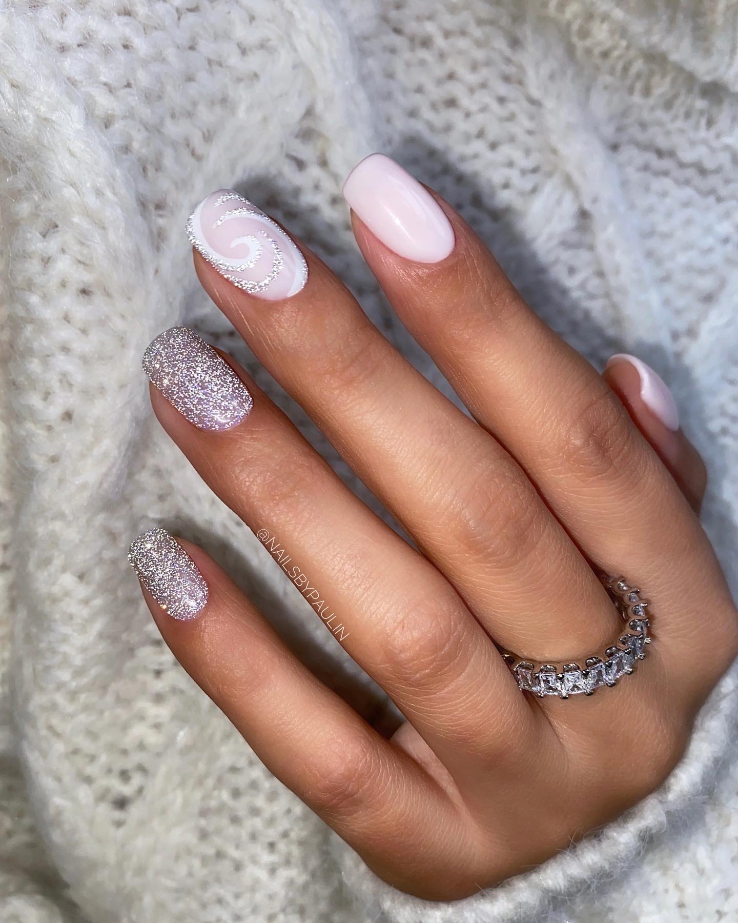 Pale Pink with Silver Glitter and Swirls Pale Pink with Silver Glitter and Swirls — Winter Nail Colors for Women Over 50