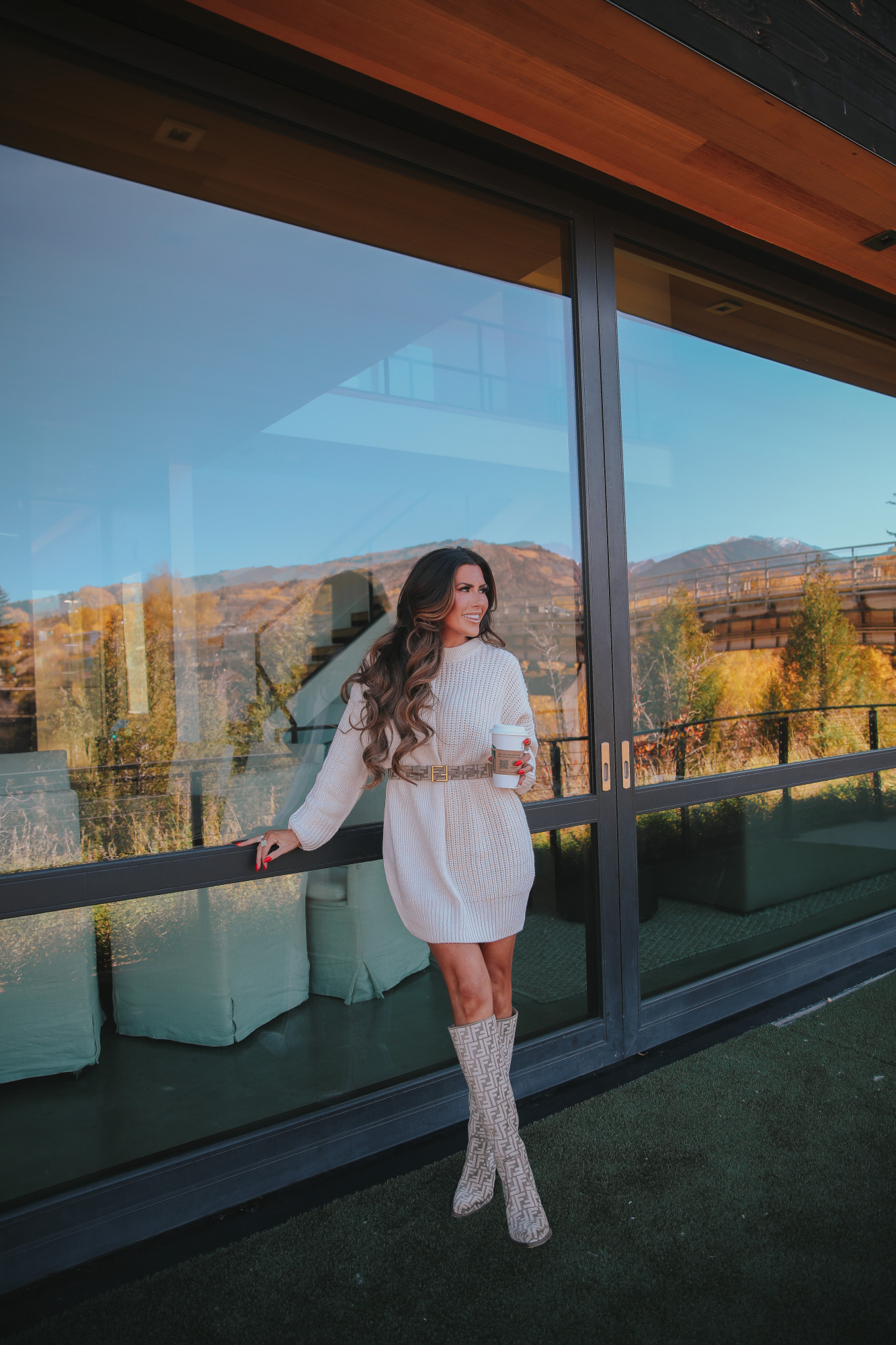 Cream Mini Sweater Dress with Patterned Boots Cream Mini Sweater Dress with Patterned Boots — Sweater Dress Outfits