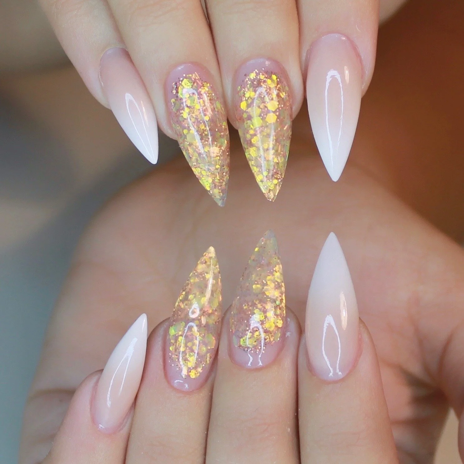 Nude White Ombre Chunky Glitter Stilettos Nude White Ombre Chunky Glitter Stilettos — Winter Stiletto Nails