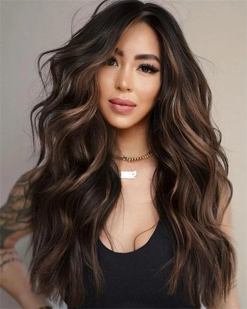 No Bangs Espresso Highlights Mid-Back Waves No Bangs Espresso Highlights Mid-Back Waves — Espresso Brown Hair