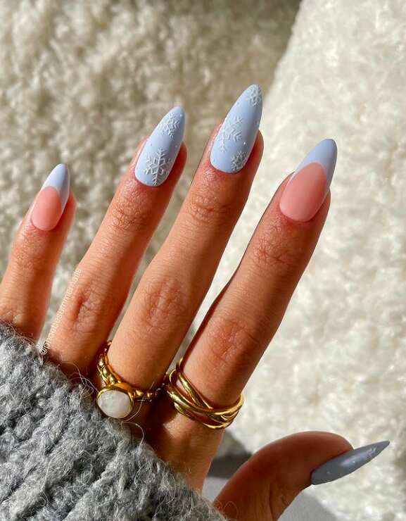 Matte Blue Embossed Snowflake Gloss Tip Nails — Everyday Winter Nails