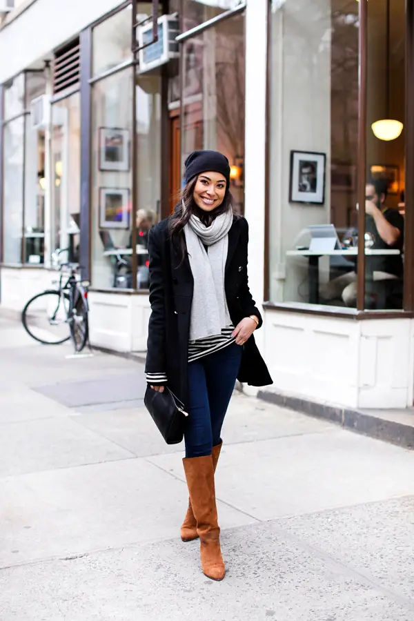 Black Peacoat with Turtleneck, Scarf, and Knee-High Boots — Peacoat Outfits