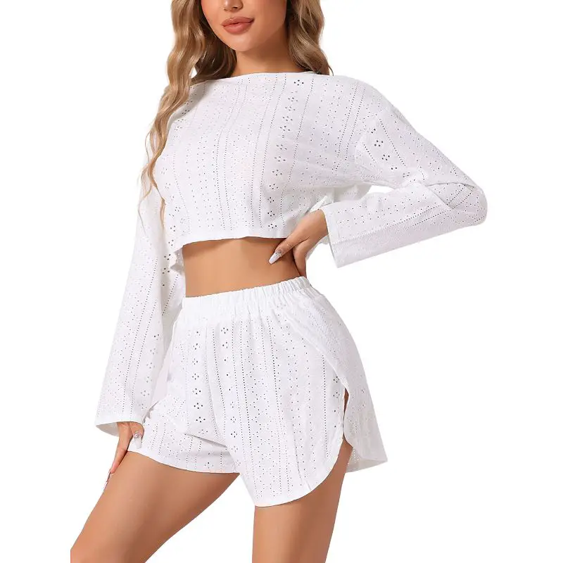 White Eyelet Cotton Loungewear Set with Long Sleeve Crop Top White Eyelet Cotton Loungewear Set with Long Sleeve Crop Top — Loungewear Outfits