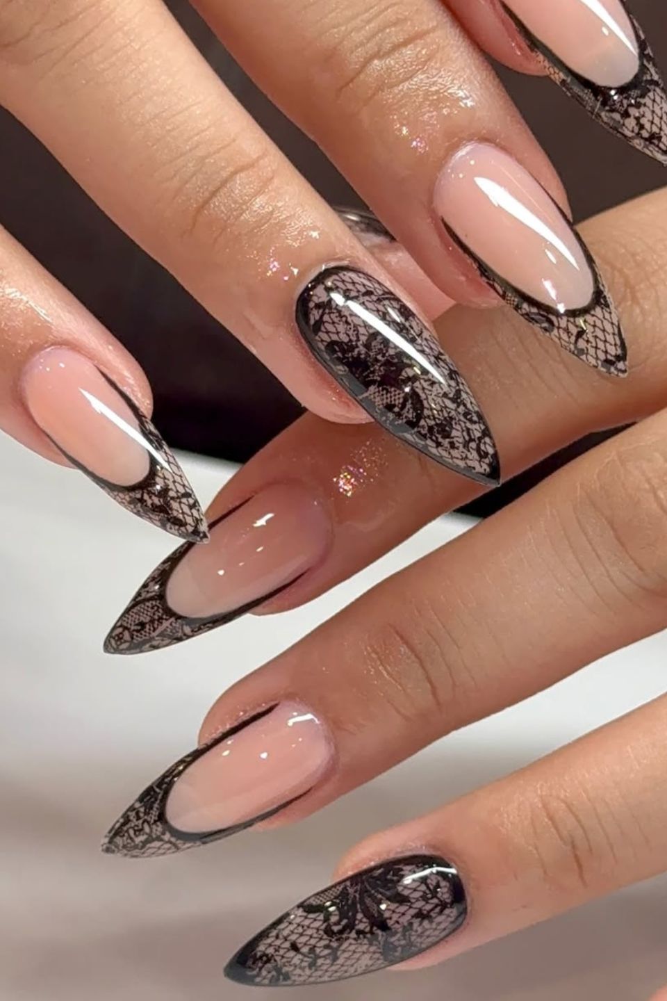 Glossy Black Lace French Tip Almond Nails — Lace Nails