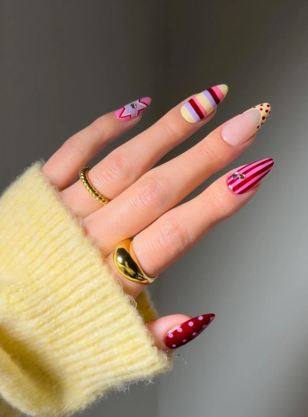 Playful Pattern Mix Almond Nails Playful Pattern Mix Almond Nails — Almond Nail Inspo