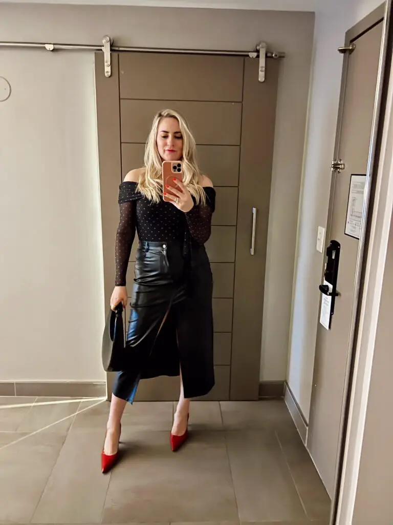 Night Out Glam: Black Leather Midi with Mesh Top Night Out Glam: Black Leather Midi with Mesh Top — Leather Skirt Outfits