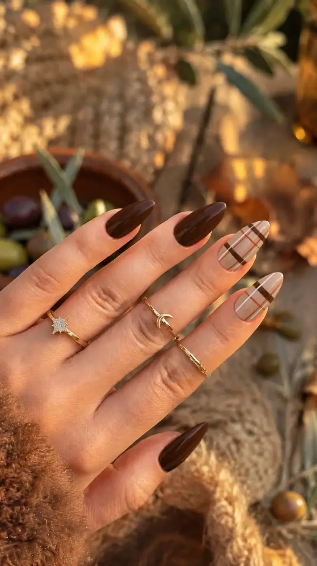 Deep Brown with Tan Plaid Accents — Brown Nail Designs