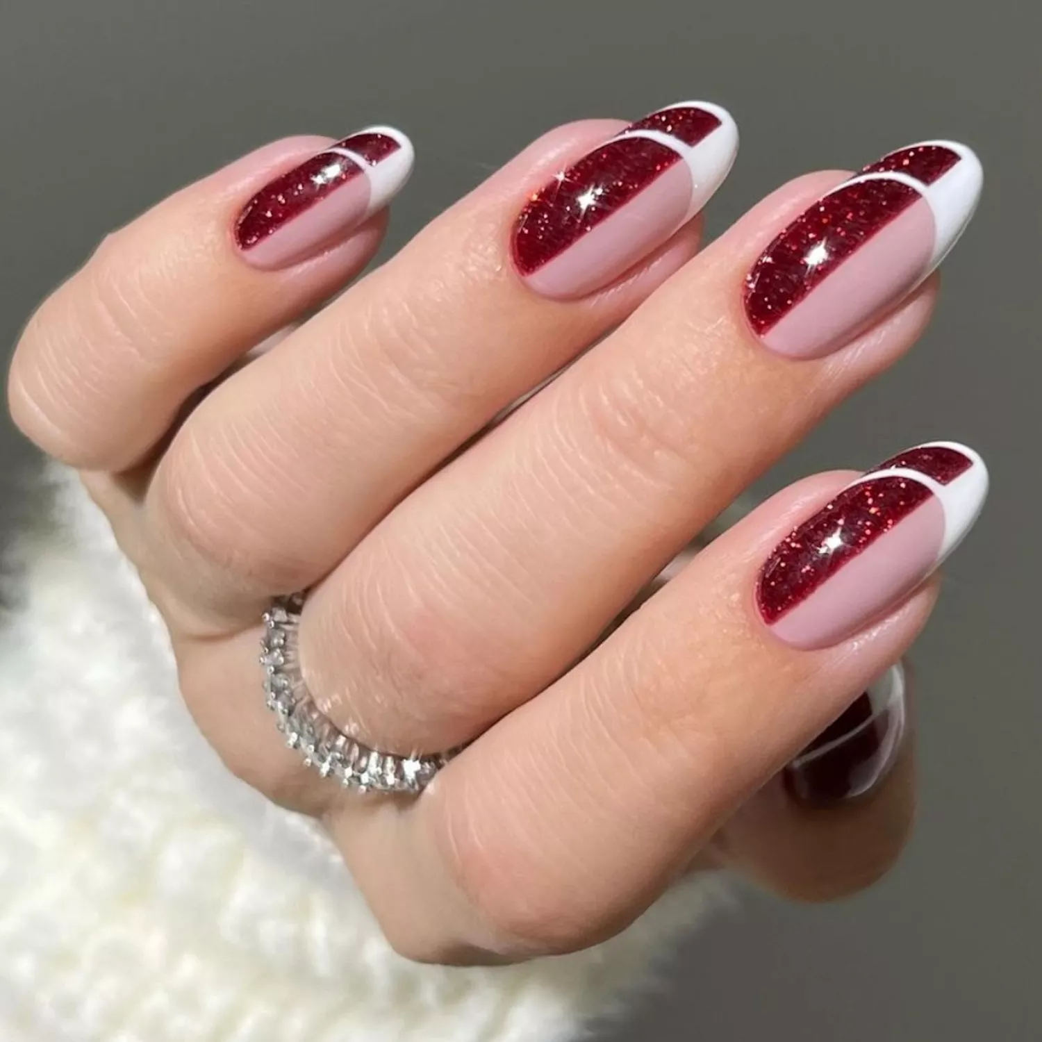 Red Glitter French Tip Almond Nails — Winter Gel Nails