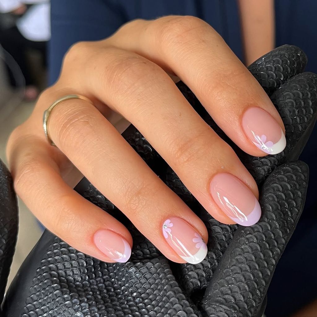 Short Oval White French with Purple Florals Short Oval White French with Purple Florals — French Nail Designs