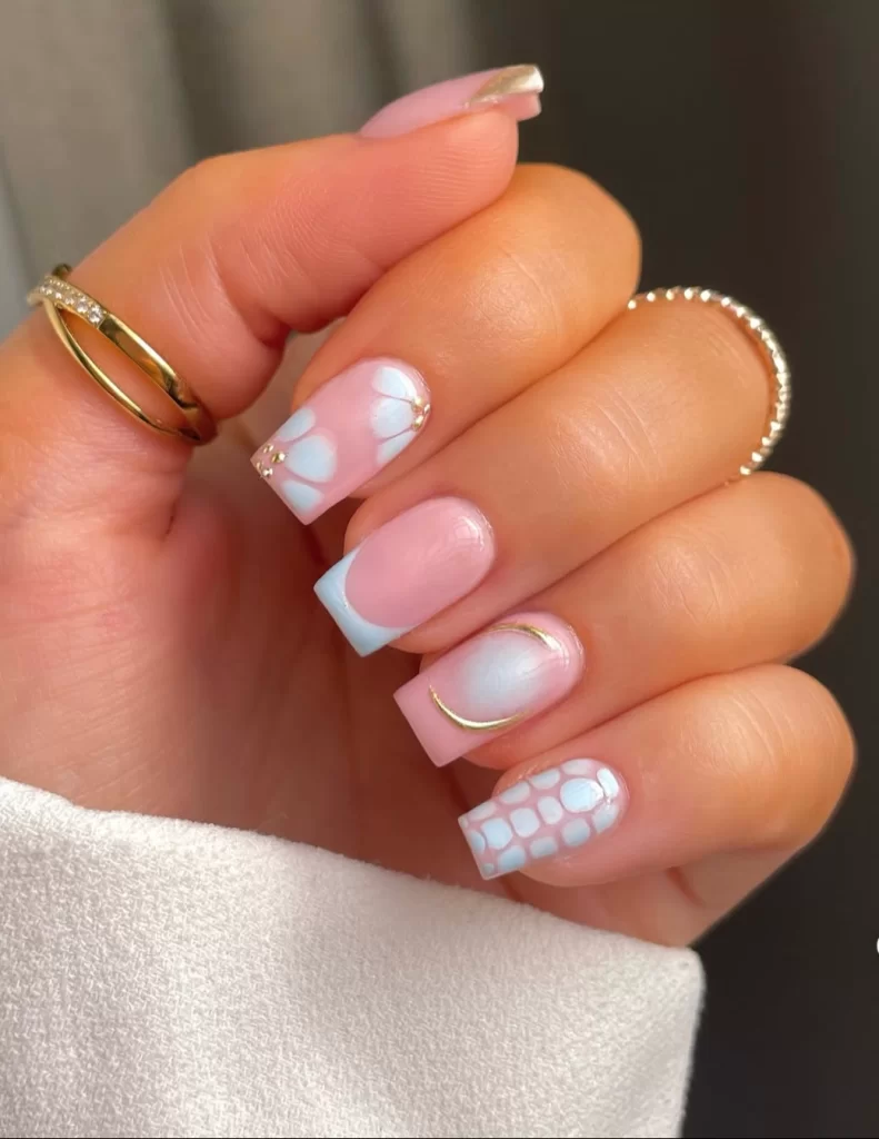 Pale Pink with Abstract Pastel Blue and Gold Pale Pink with Abstract Pastel Blue and Gold — Classy Simple Nail Designs