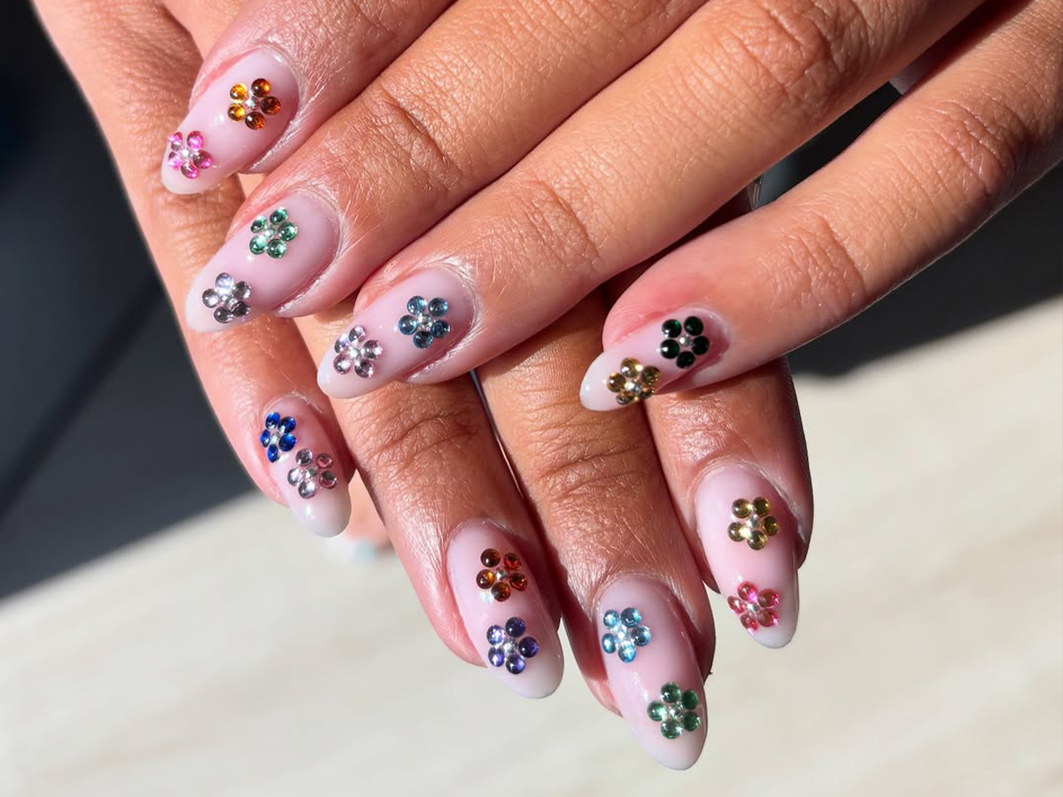 Floral Rhinestone French Almond Nails Floral Rhinestone French Almond Nails — Nail Art Ideas