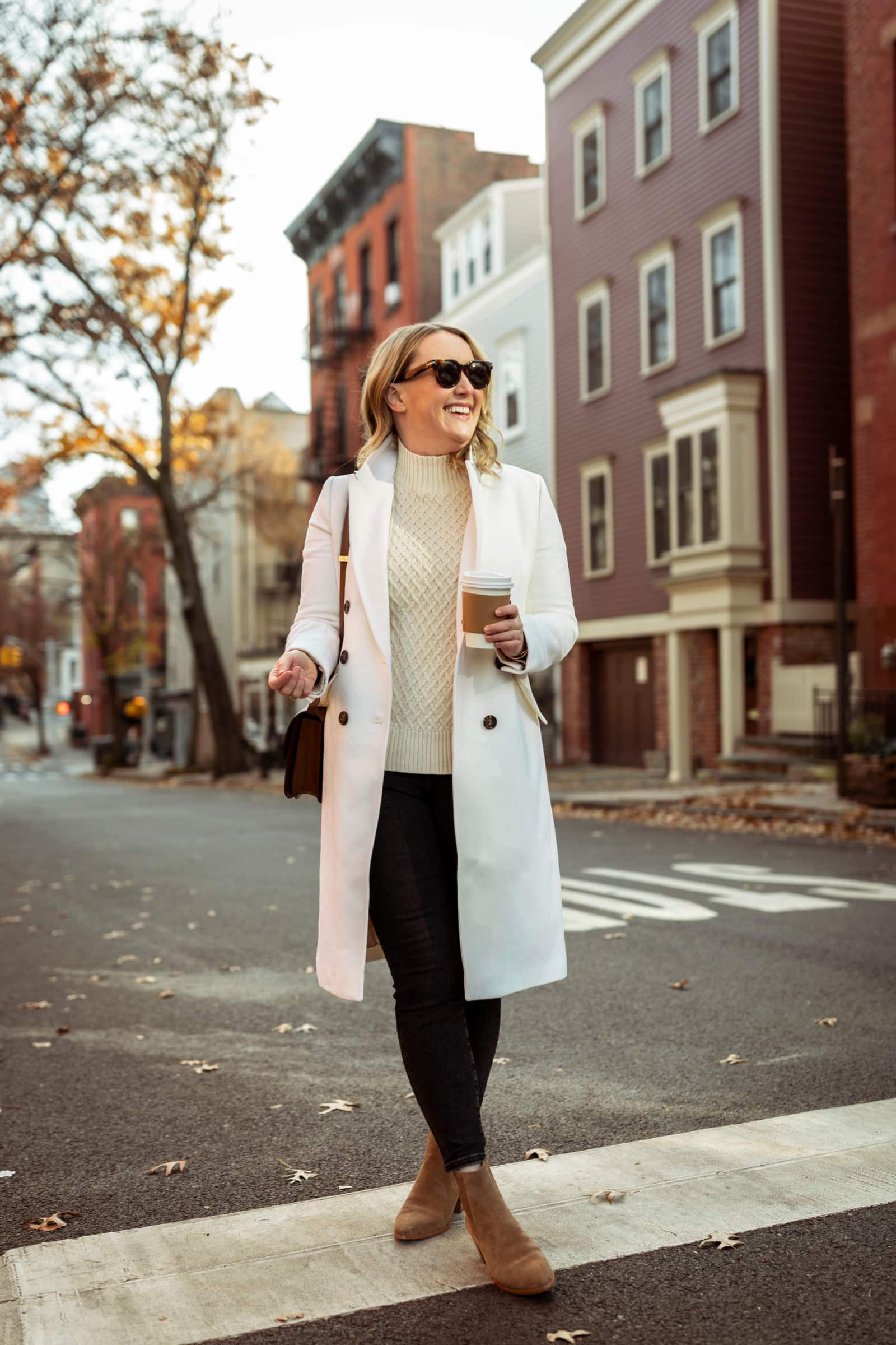 White Double-Breasted Coat with Tan Ankle Boots — Winter White Outfits