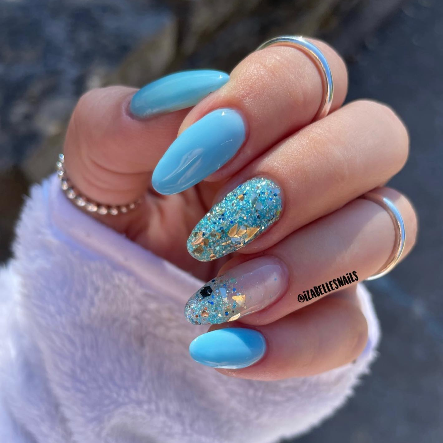 Teal Pink Glitter Gradient Almond — Winter Dip Powder Nails