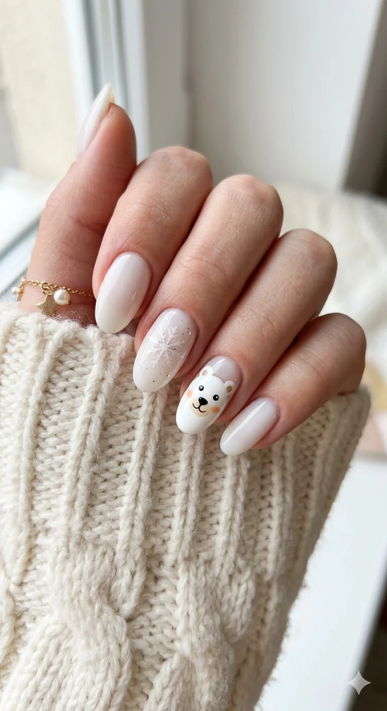 Polar Bear Face and Snowflake Accents Polar Bear Face and Snowflake Accents — Winter Nails for Kids