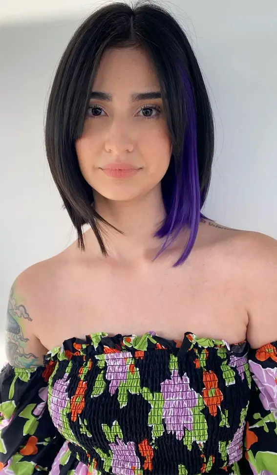 Dark Brown Bob With Violet Peek-a-boo Dark Brown Bob With Violet Peek-a-boo — Winter Hair Colors for Short Hair