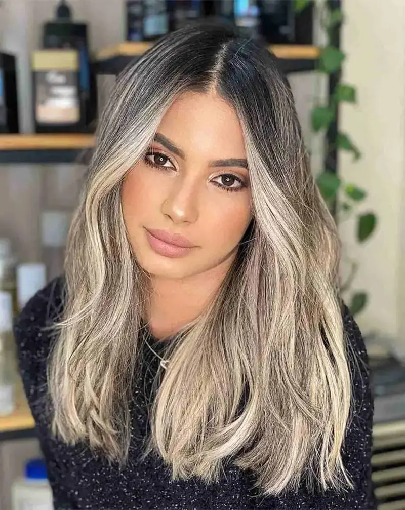 Mid-Back Ash Blonde With Platinum Highlights and Dark Root Shadow Mid-Back Ash Blonde With Platinum Highlights and Dark Root Shadow — Winter Hair Colors for Pale Skin