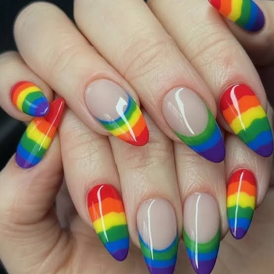 Glossy Rainbow Stripe French Almonds Glossy Rainbow Stripe French Almonds — Almond Nail Designs